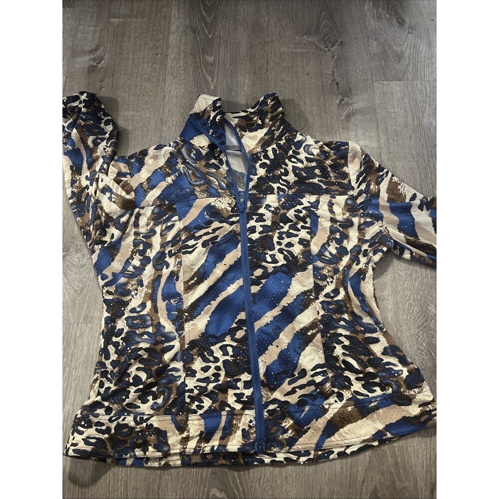 Clara Sun Woo Liquid Leather Zip Up Jacket XL Blue Animal Zebra Print Artsy